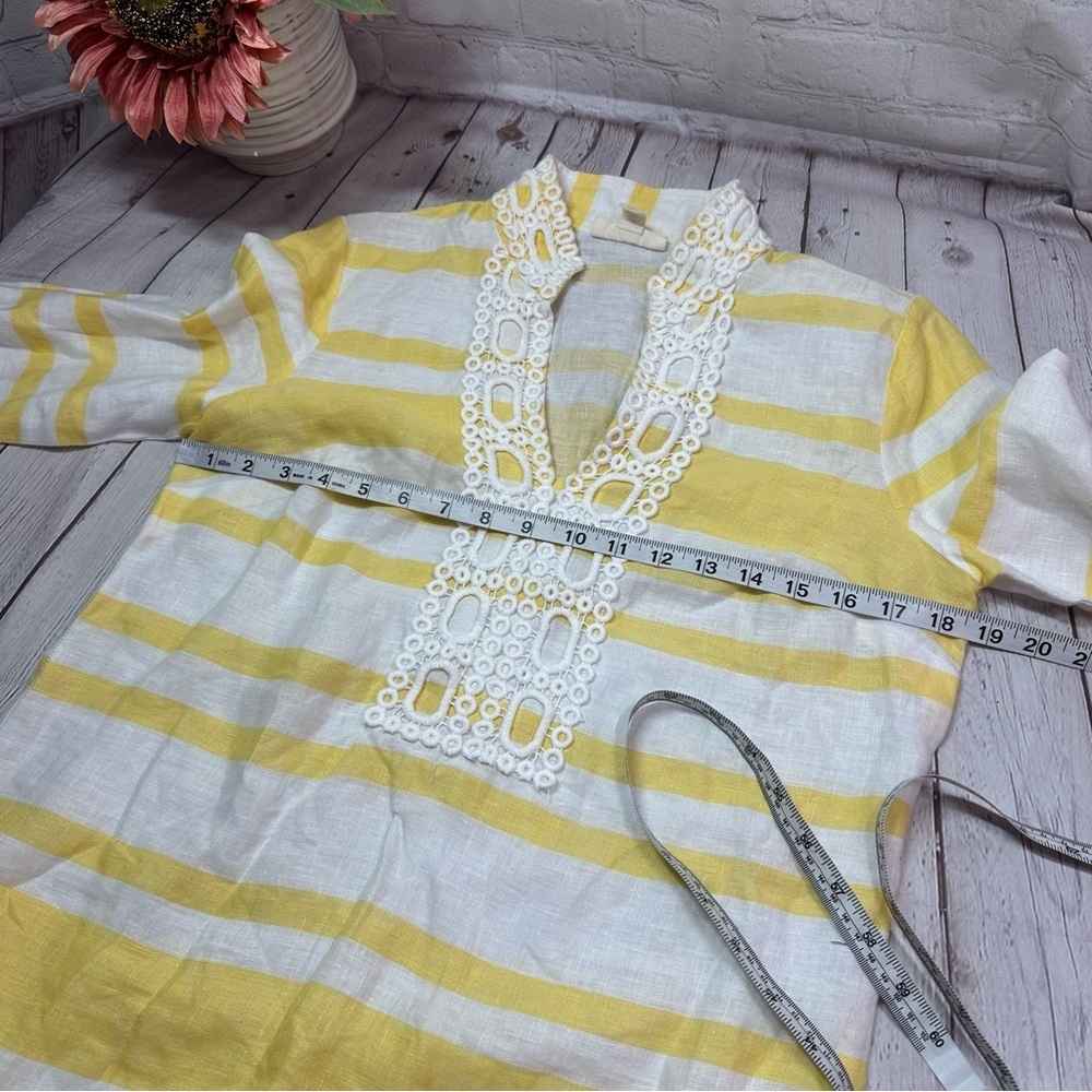 luxury linen charter club yellow stripe tunic sz small white crochet lace collar - Picture 6 of 7